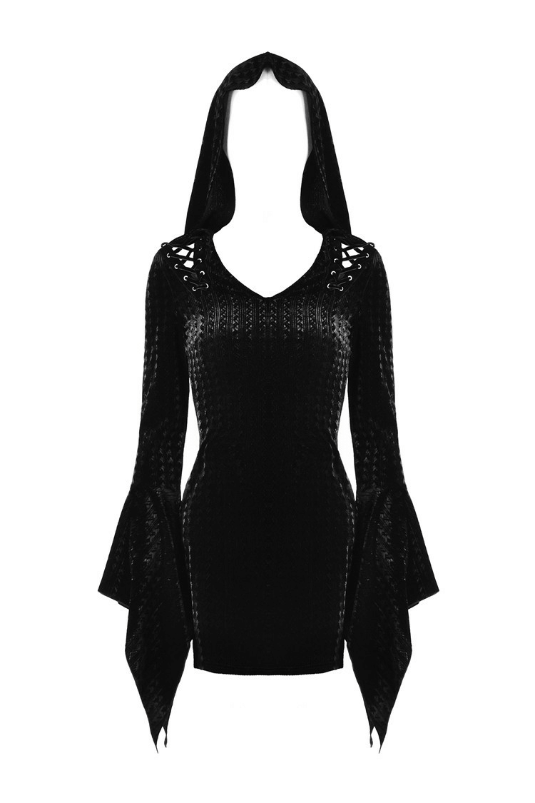 Black Gothic hooded mini dress with lace-up detail and bell sleeves, perfect for dark fashion lovers.