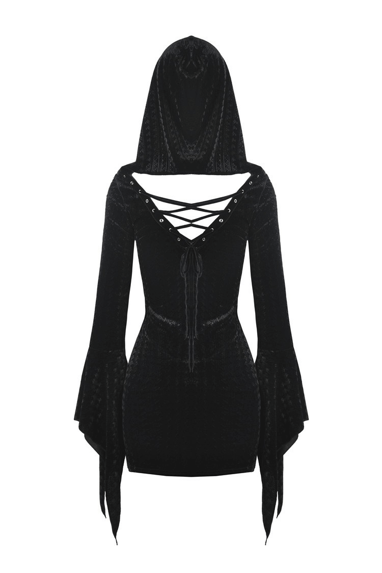 Black Gothic Hooded Mini Dress with Lace-Up Detail