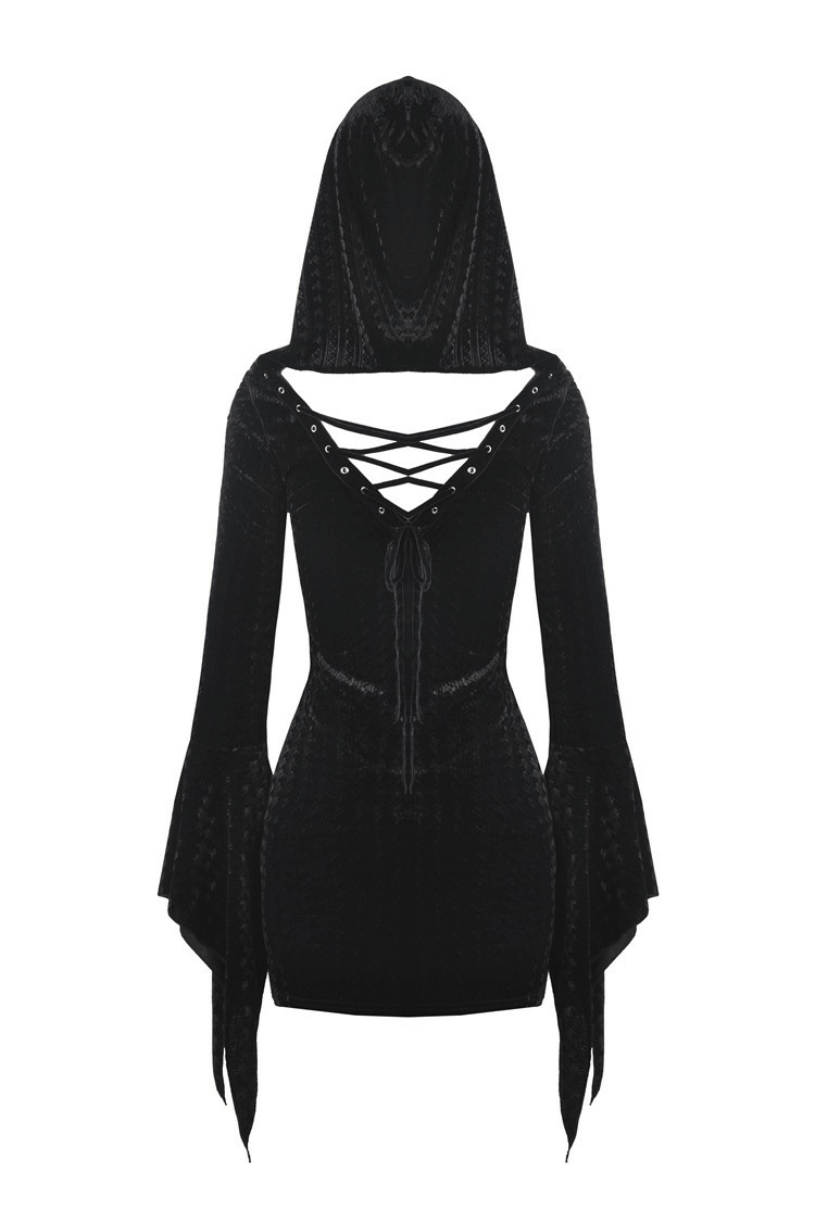 Black Gothic hooded mini dress with lace-up detail and bell sleeves for a dark fashion statement.