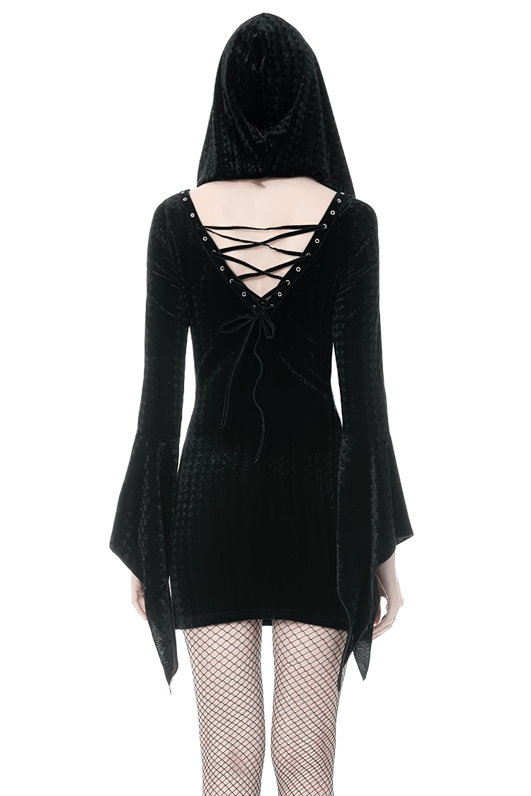Black Gothic Hooded Mini Dress with Lace-Up Detail