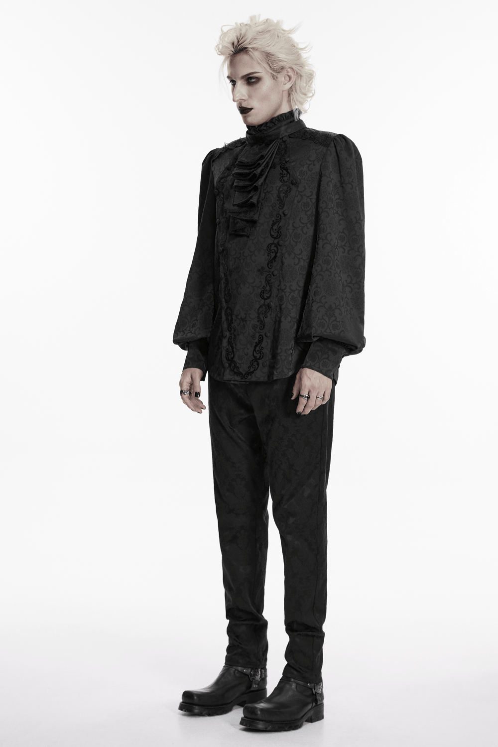 Black Gothic Jacquard Shirt with Ruffled Collar