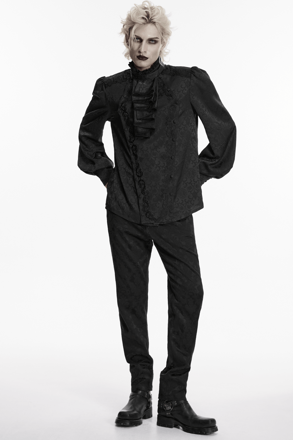 Black Gothic Jacquard Shirt with Ruffled Collar