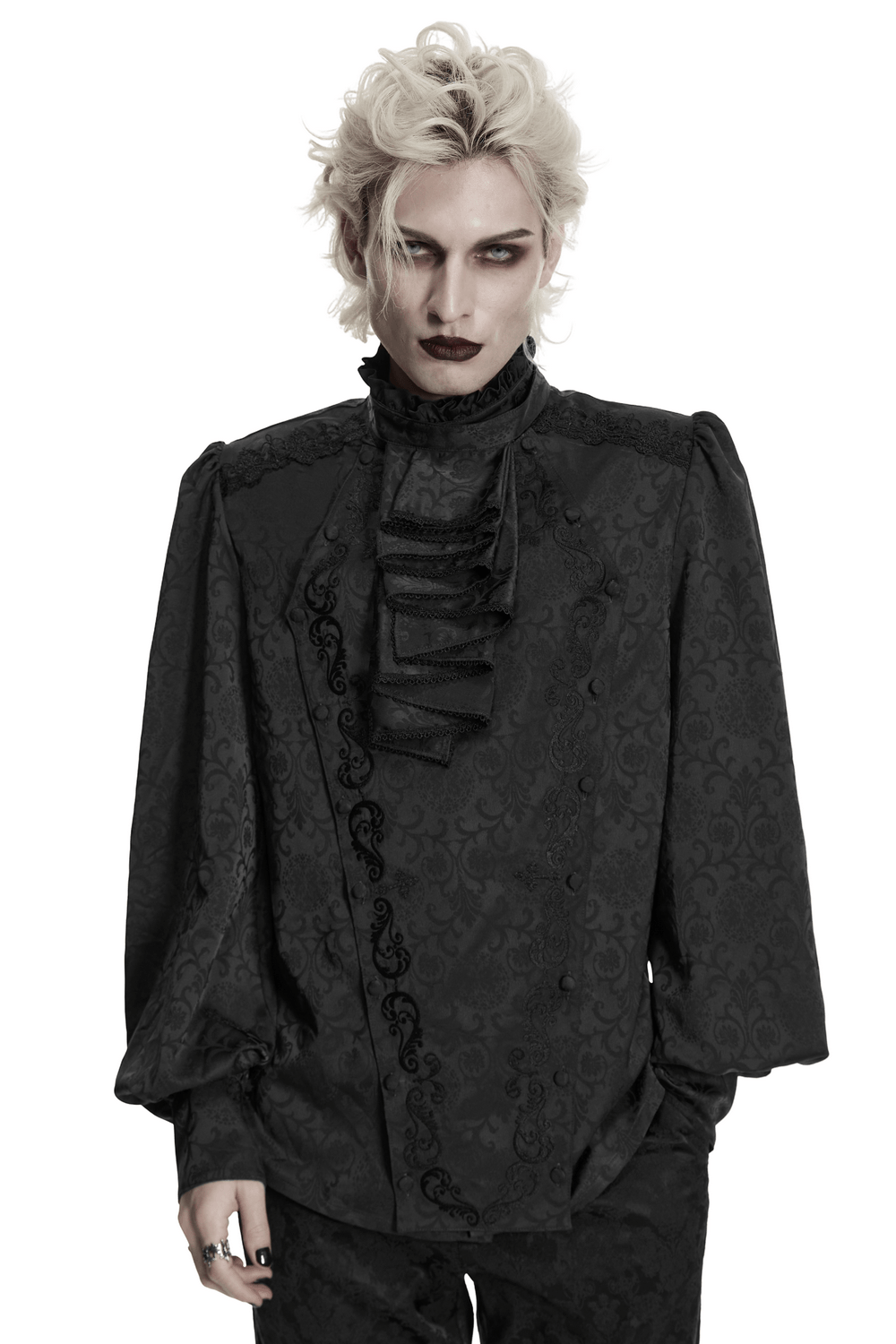 Black Gothic Jacquard Shirt with Ruffled Collar