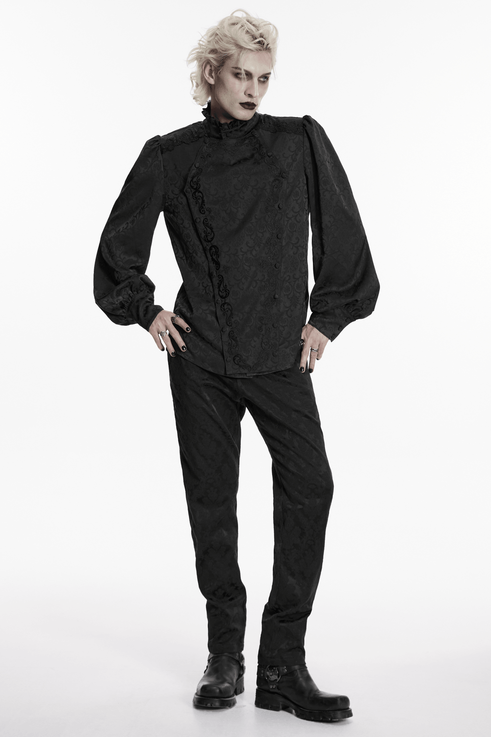 Black Gothic Jacquard Shirt with Ruffled Collar