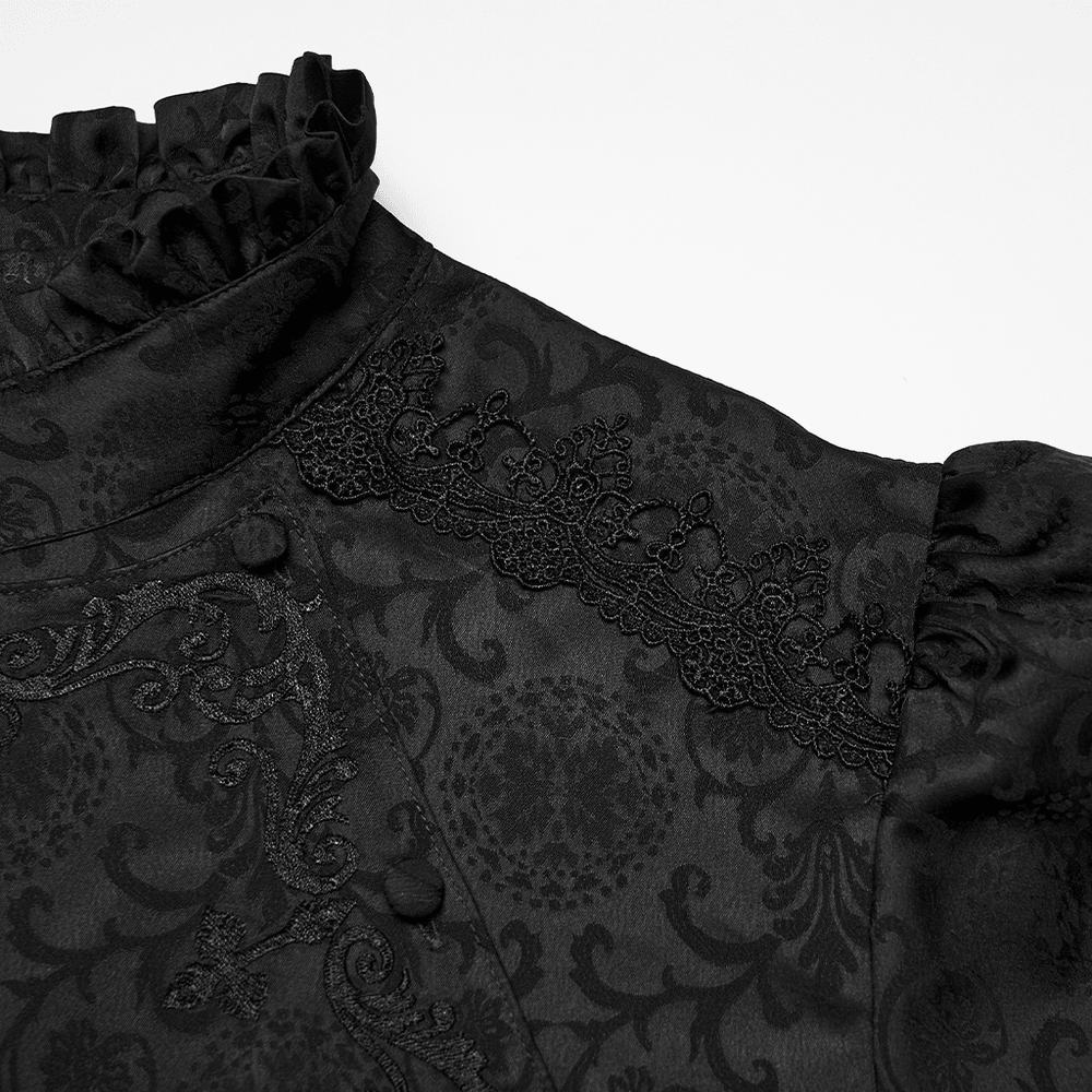 Black Gothic Jacquard Shirt with Ruffled Collar