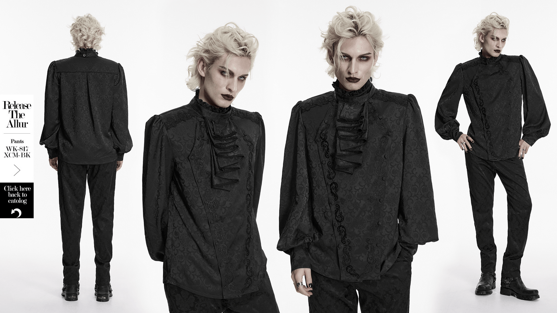 Black Gothic Jacquard Shirt with Ruffled Collar
