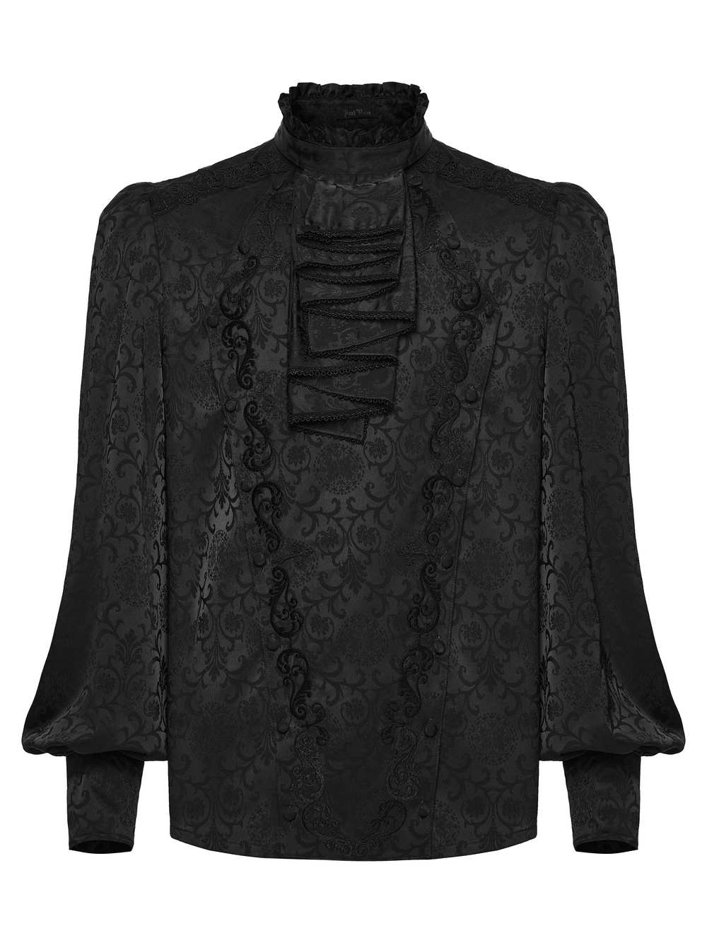 Black Gothic Jacquard Shirt with Ruffled Collar
