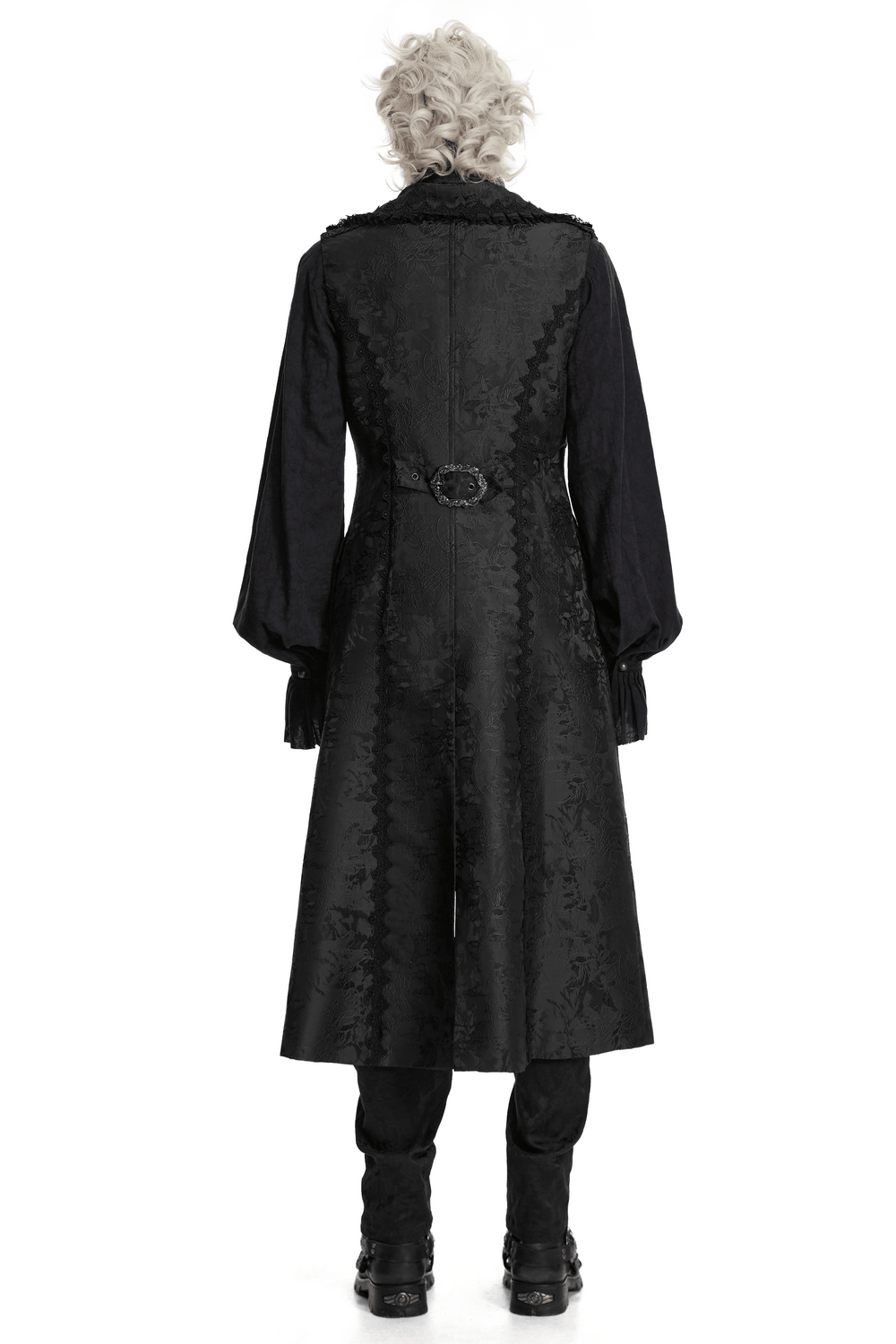 Black Gothic Jacquard Sleeveless Long Vest For Men, stylish back view showcasing intricate design.
