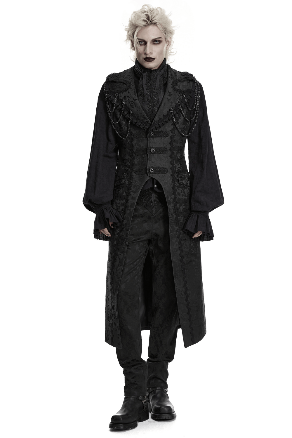 Black Gothic Jacquard Sleeveless Long Vest For Men displayed in a stylish gothic outfit.