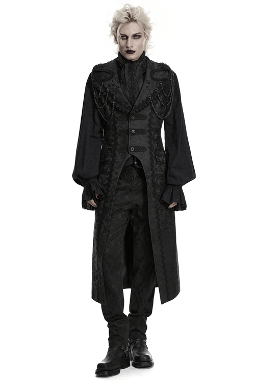 Gilet Long Sans Manches Noir Gothique Jacquard Pour Hommes