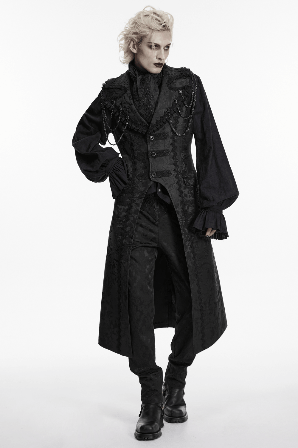 Black Gothic Jacquard Sleeveless Long Vest For Men worn by a model with dramatic makeup and hairstyle.
