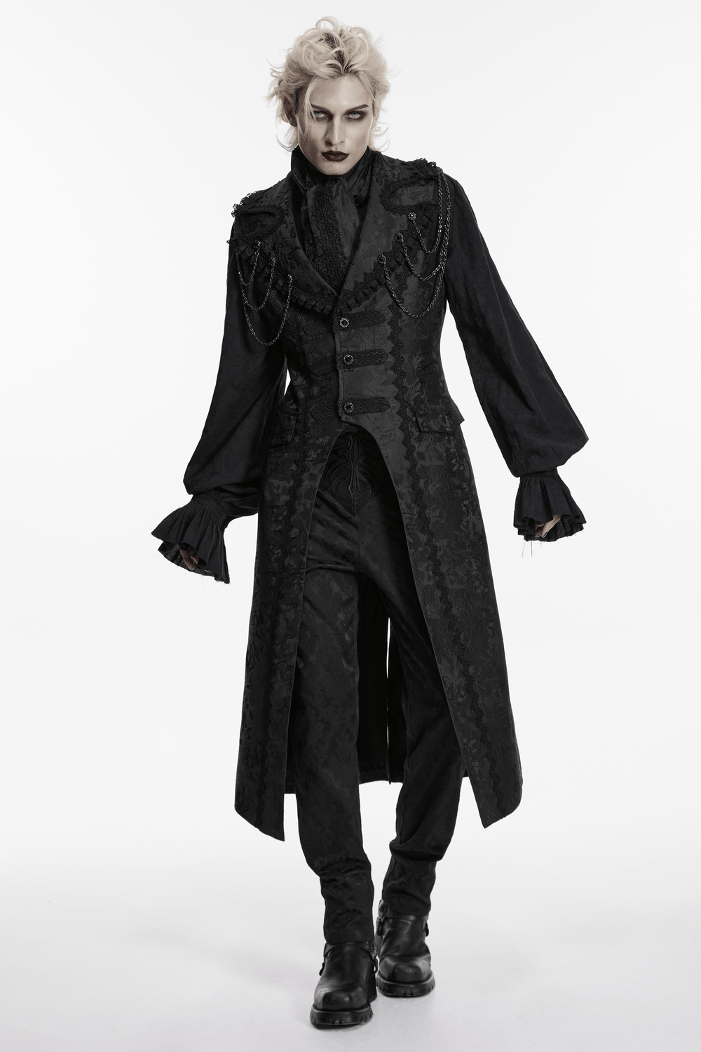 A model showcasing a Black Gothic Jacquard Sleeveless Long Vest For Men, featuring intricate detailing and a stylish look.