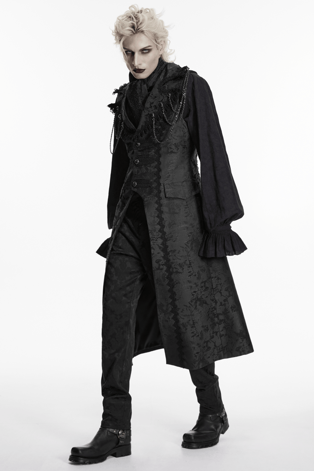 Black Gothic Jacquard Sleeveless Long Vest For Men worn by a model in dramatic fashion.