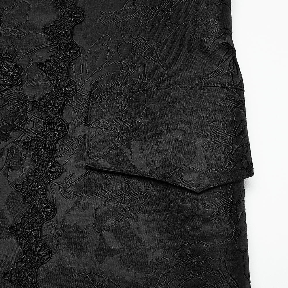 Close-up of the Black Gothic Jacquard Sleeveless Long Vest For Men fabric with intricate patterns and details.