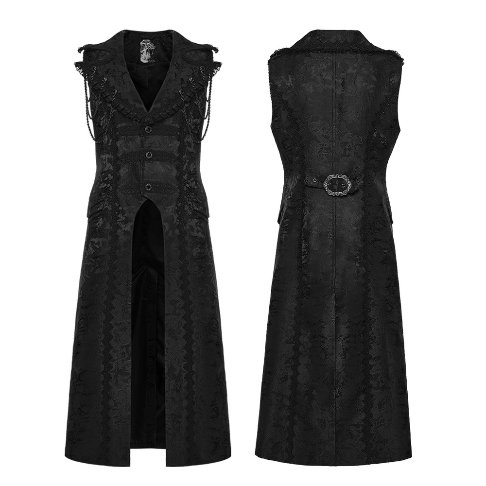 Black Gothic Jacquard Sleeveless Long Vest For Men shown from front and back angles, showcasing intricate design and style.