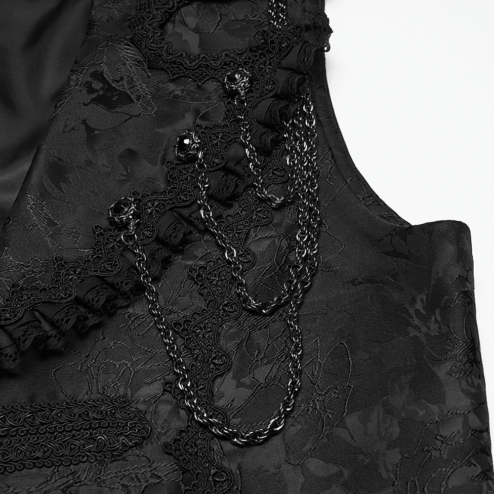 Black Gothic Jacquard Sleeveless Long Vest For Men with intricate detailing and chains.