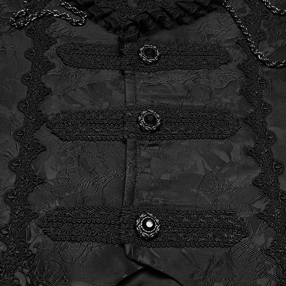 Black Gothic Jacquard Sleeveless Long Vest For Men close-up showing intricate lace detailing and buttons.