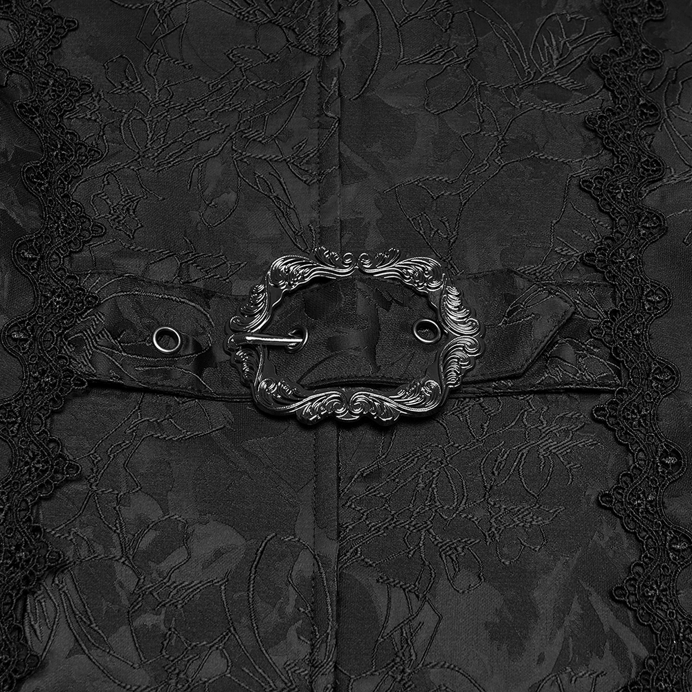 Black Gothic Jacquard Sleeveless Long Vest For Men with intricate buckle detail.