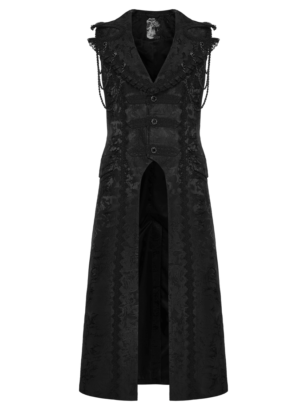 Black Gothic Jacquard Sleeveless Long Vest For Men, stylish gothic fashion piece, perfect for bold outfits.