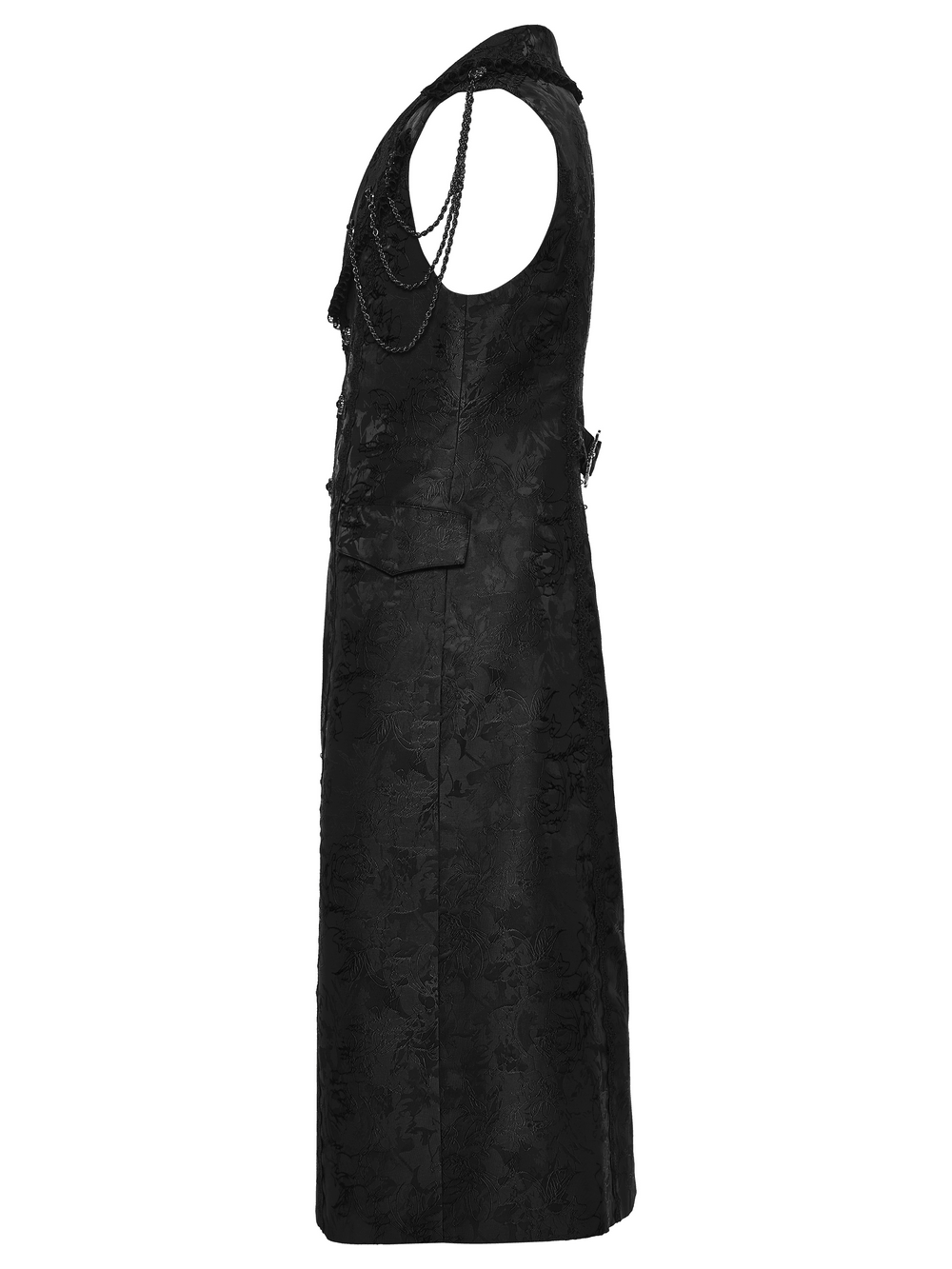 Black Gothic Jacquard Sleeveless Long Vest For Men side view showcasing elegant details and stylish design.