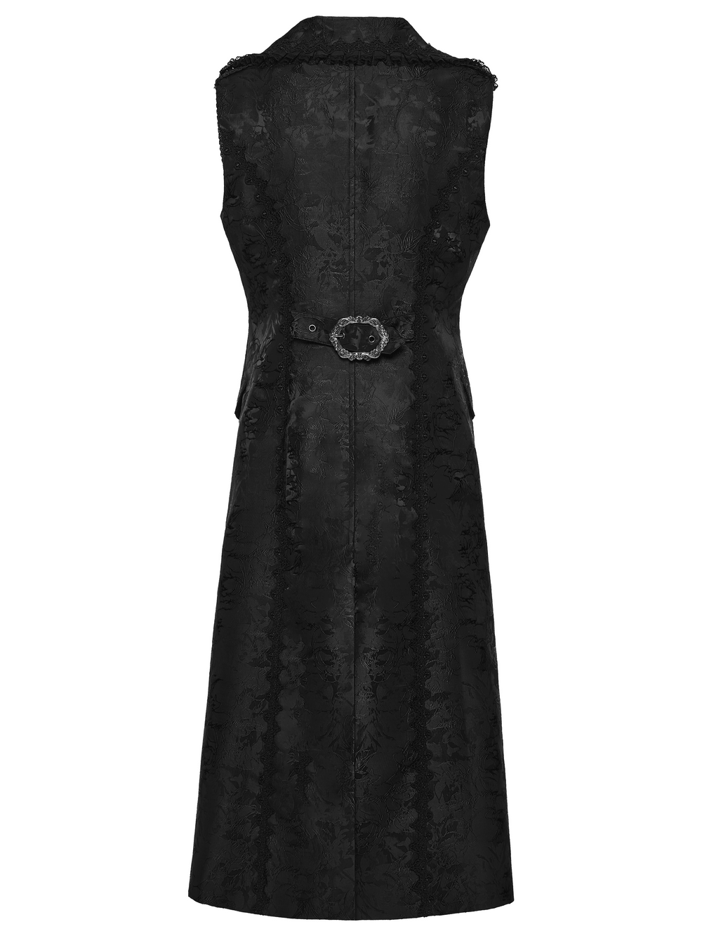 Black Gothic Jacquard Sleeveless Long Vest For Men, stylish back view with intricate design and cinched waist.