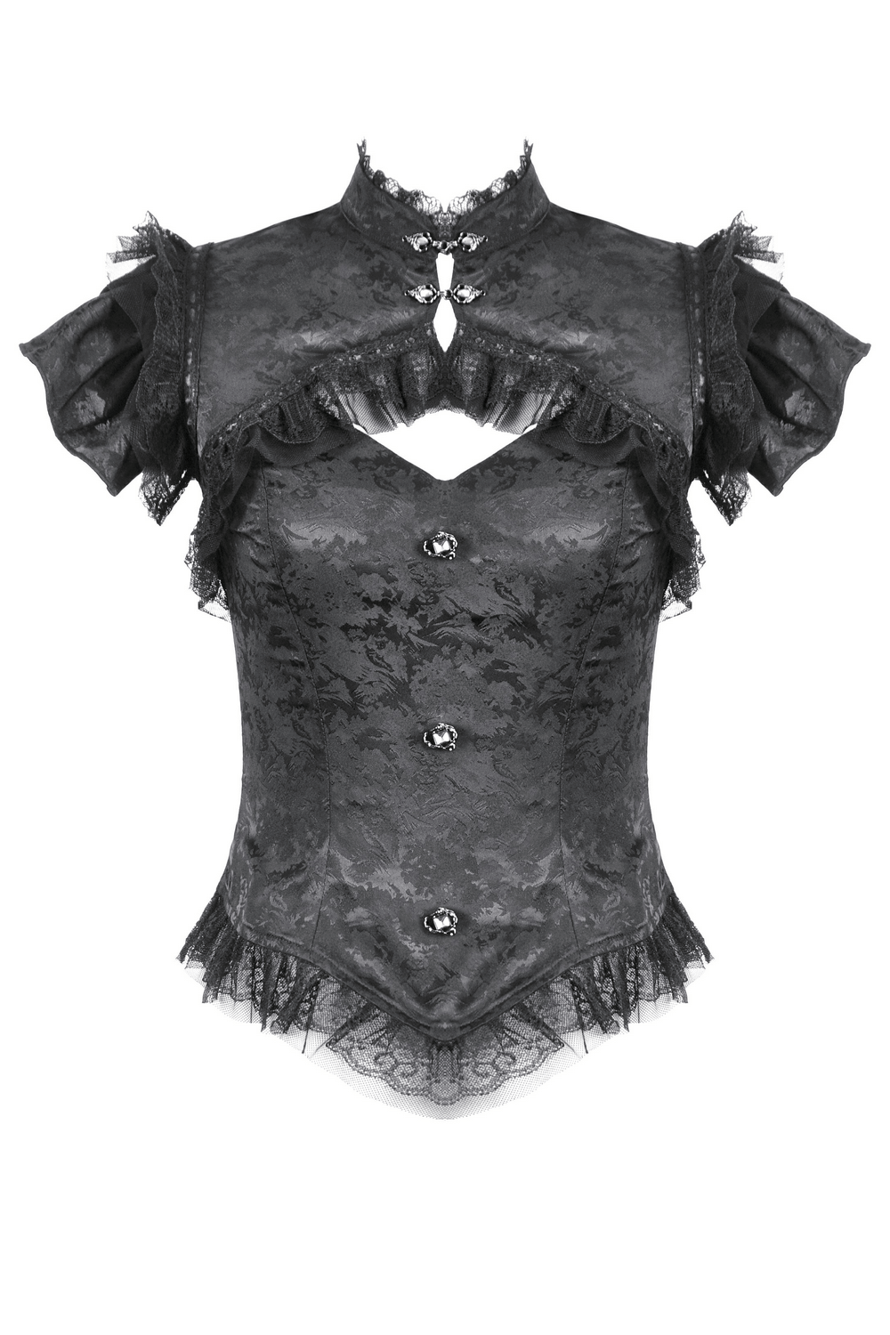 Black gothic jacquard corset top with puff sleeves, lace trim, and frilled neckline, perfect for Victorian-style outfits.