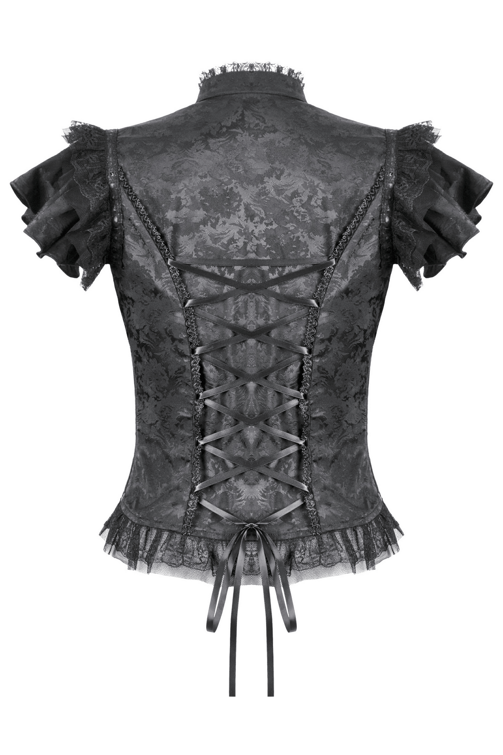 Back view of black gothic jacquard top with puff sleeves, lace-up satin back, and frilled hem detailing.