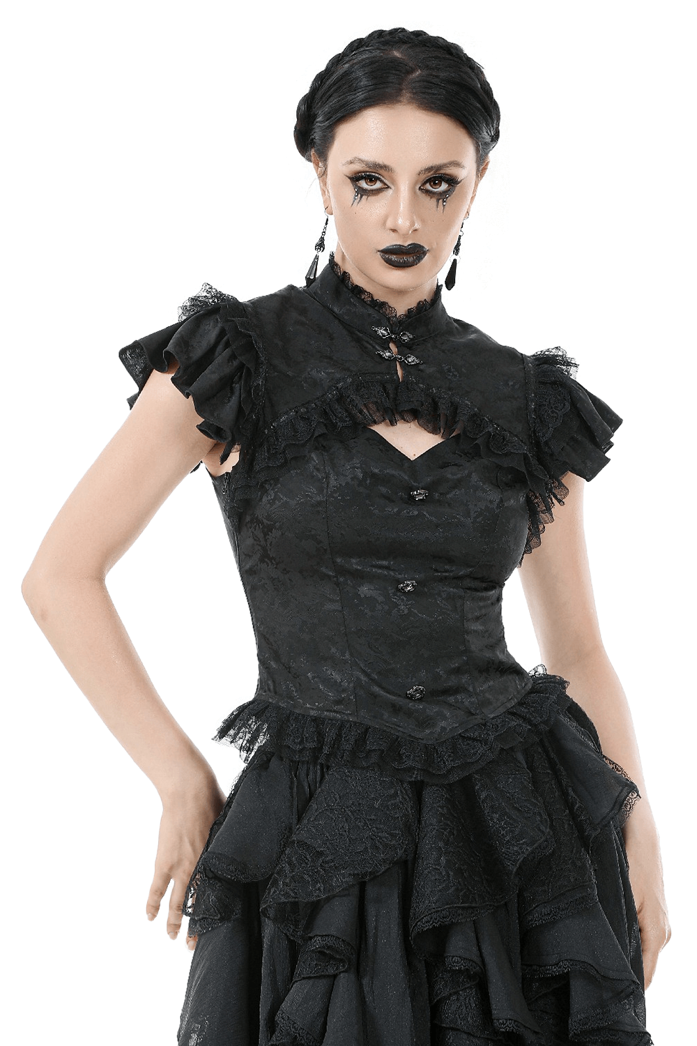 Black Gothic Jacquard corset top with puff sleeves, lace trim, and frills, perfect for a Victorian-inspired outfit.