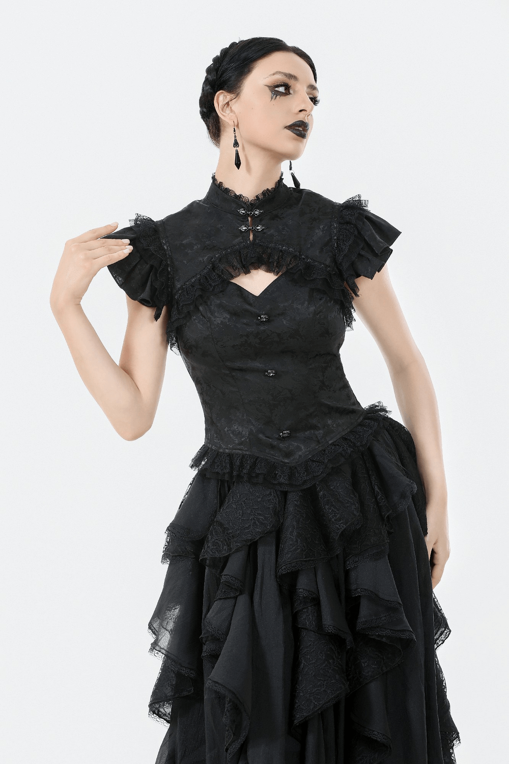 Black Gothic Jacquard Top with Puff Sleeves, Frills, and Lace Trim, perfect for a Victorian-style outfit.