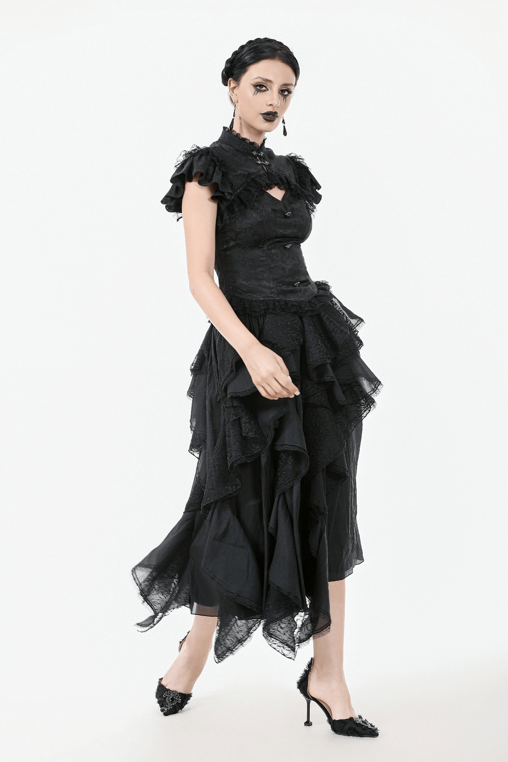 Black Gothic Jacquard top with puff sleeves and frills; perfect Victorian-style corset blouse with lace details.