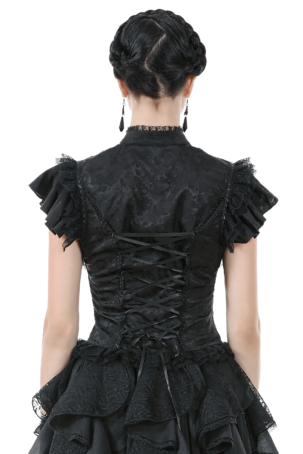 Back view of a black gothic jacquard top with puff sleeves and lace-up satin back lacing, perfect for Victorian-style outfits.