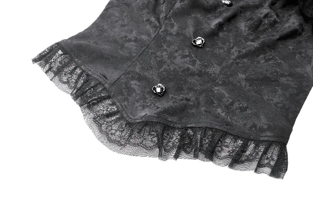 Elegant black jacquard corset top with lace trim, puff sleeves, and frilled hem, featuring ornate gem buttons.