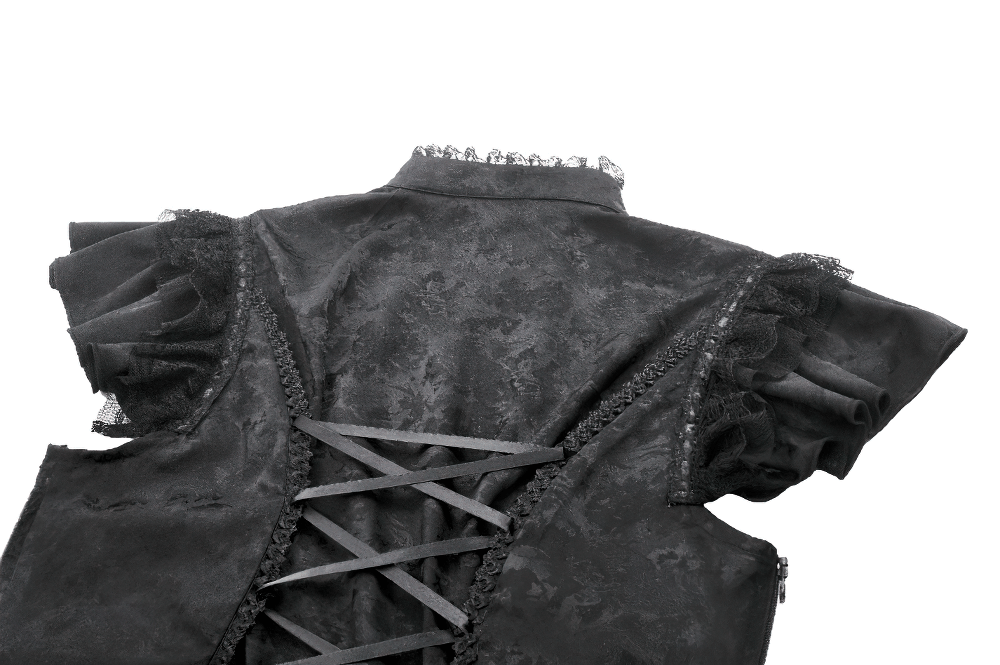 Back view of a black gothic jacquard corset top showcasing lace trim and satin back lacing.