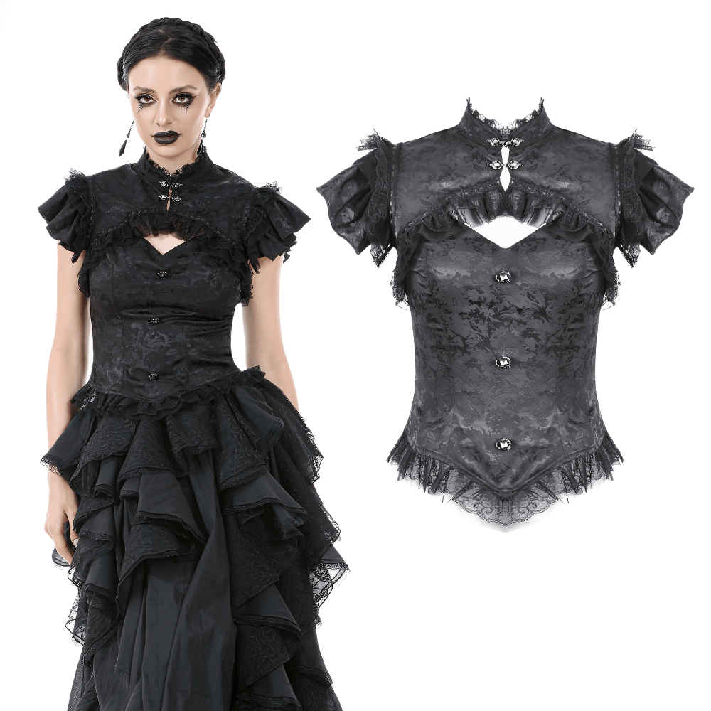 Black Gothic Jacquard Top with Puff Sleeves, Frills, and Lace Details, perfect for Victorian-style outfits.