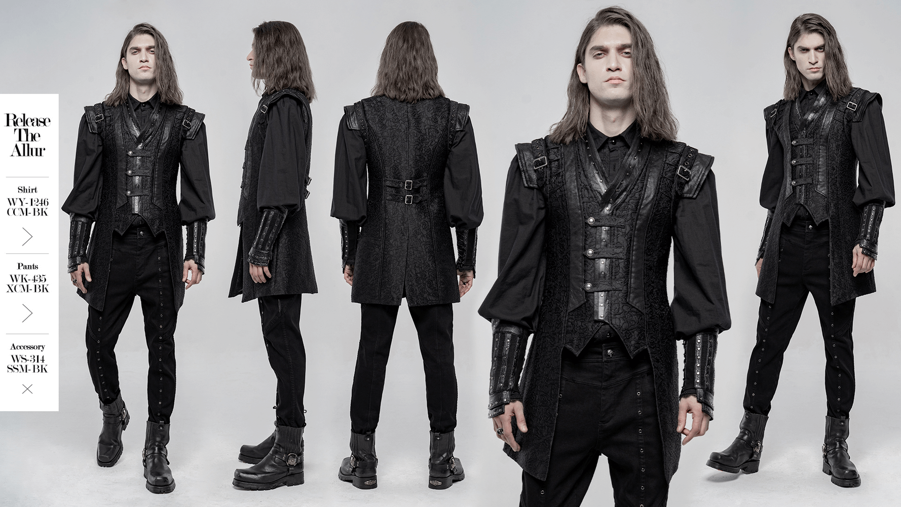 Black gothic jacquard waistcoat with buckle accents, showcasing punk-inspired style and adjustable fit.