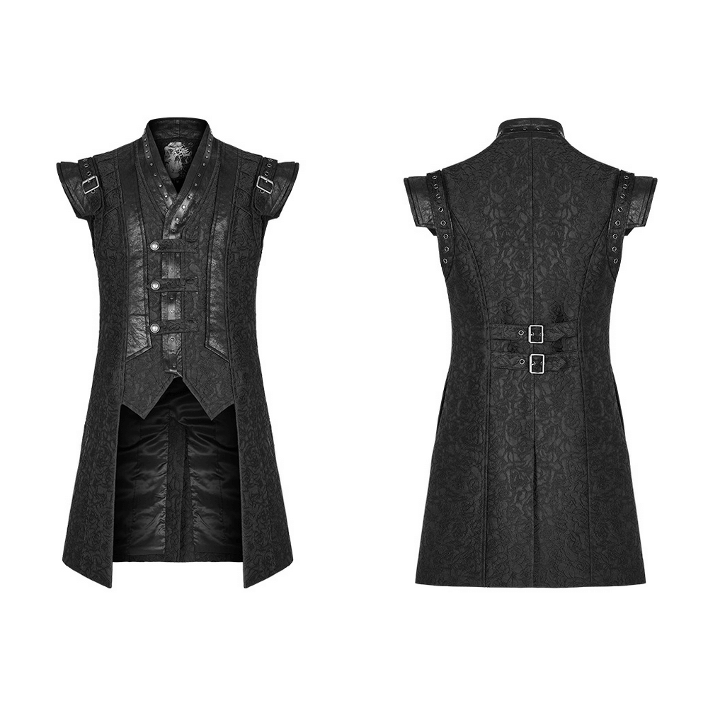 Black gothic jacquard waistcoat featuring buckle accents and a punk-inspired design, perfect for urban style.