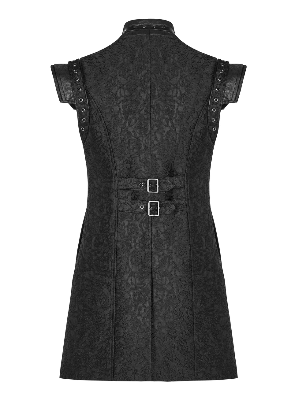 Black gothic jacquard waistcoat with buckle accents and adjustable fit, showcasing a stylish punk-inspired design.