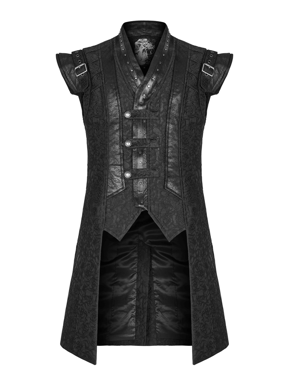 Black gothic jacquard waistcoat with buckle accents, featuring adjustable fit and stylish side pockets for punk-inspired fashion.