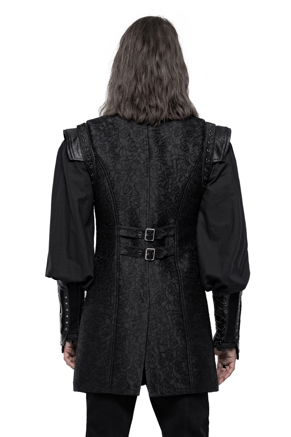 Back view of a black gothic jacquard waistcoat with buckle accents and elegant, long sleeves.