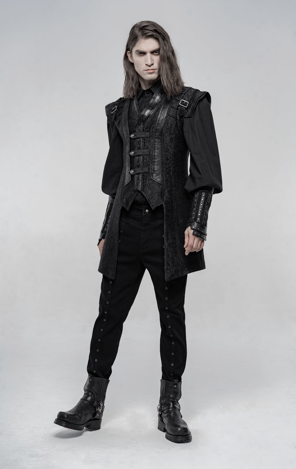 Model showcasing black gothic jacquard waistcoat with buckle accents, ideal for punk and urban fashion enthusiasts.