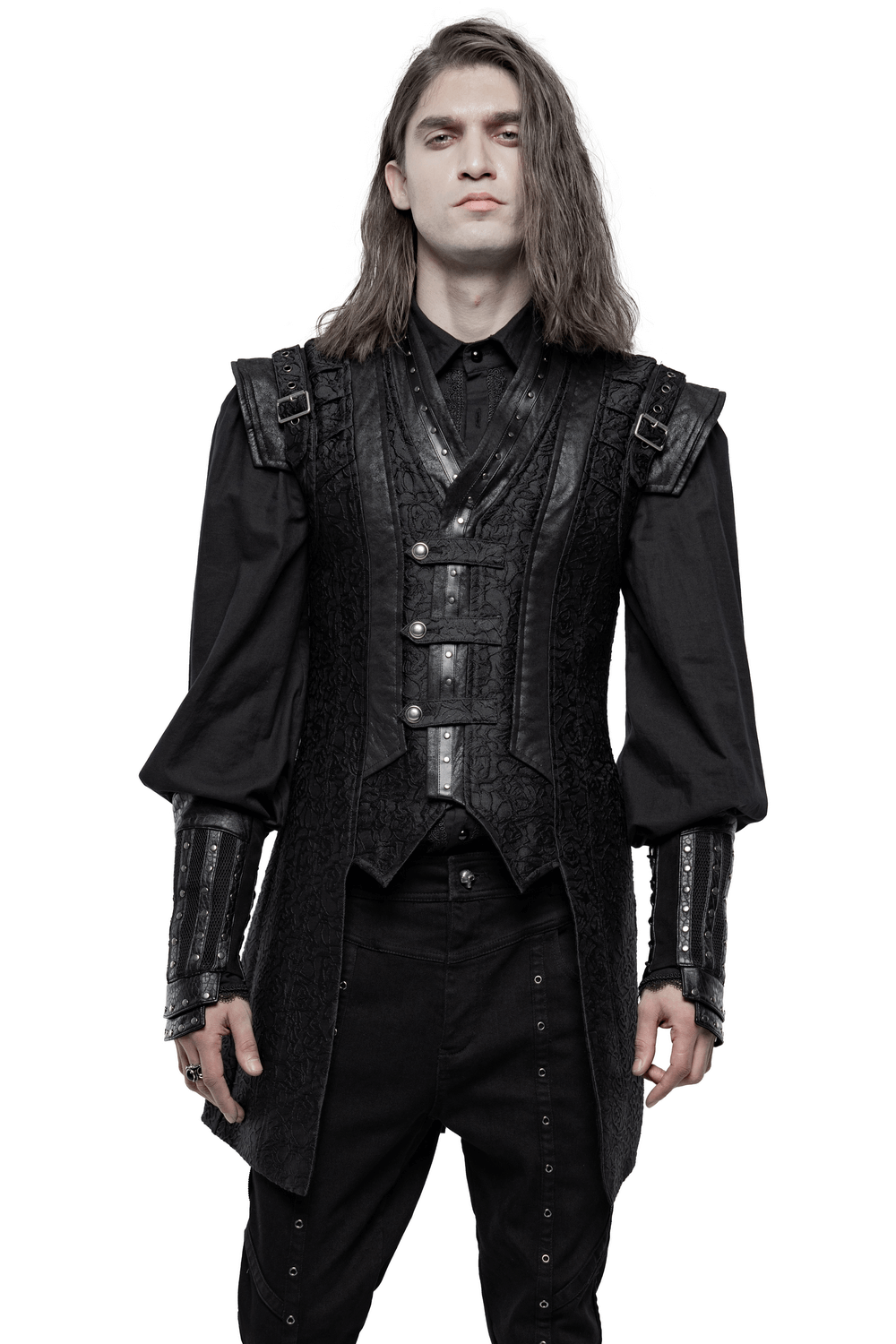 Black gothic jacquard waistcoat with buckle accents, showcasing punk-inspired design and adjustable fit.