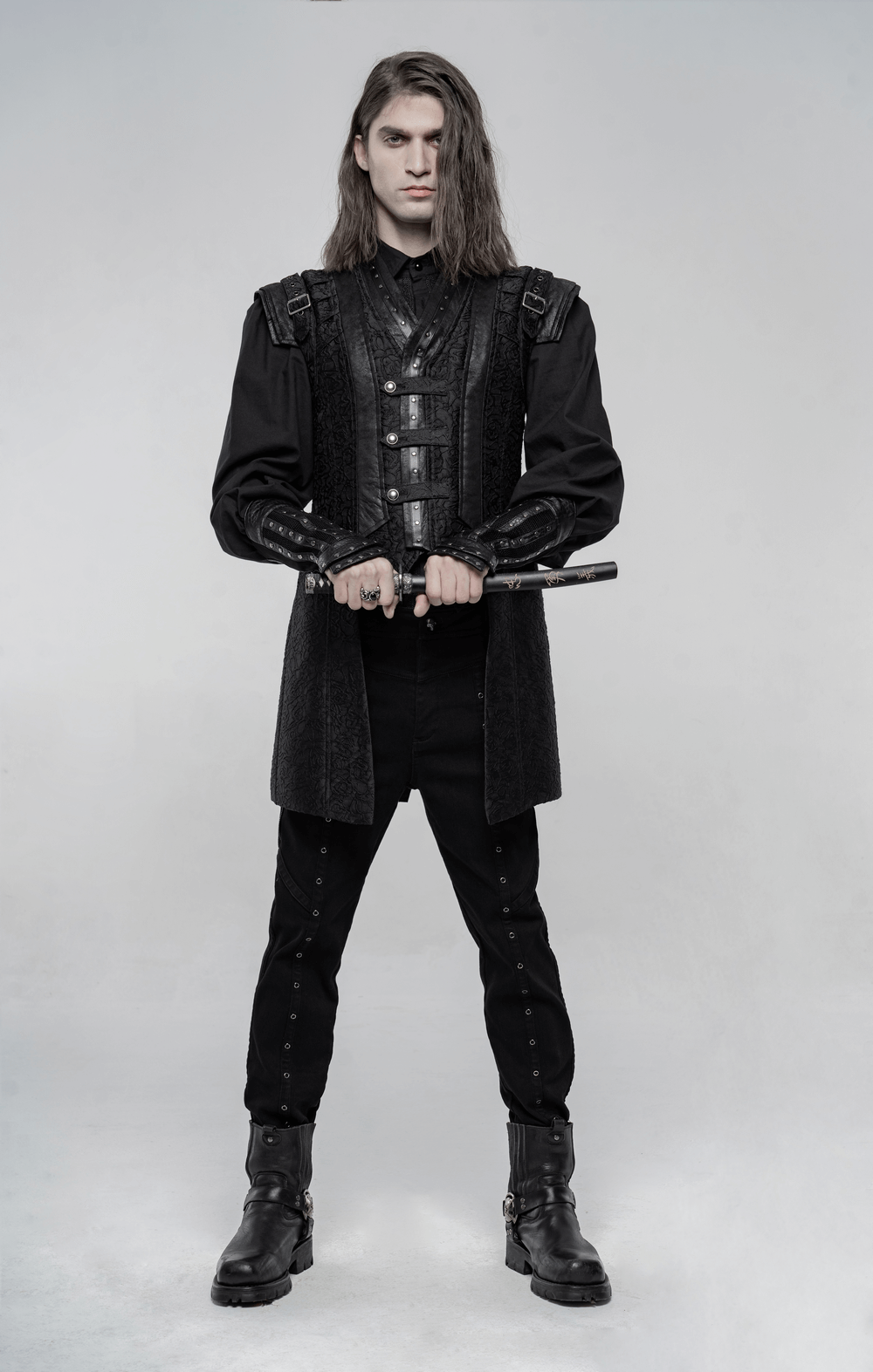 Black gothic jacquard waistcoat with buckle accents, styled in a punk-inspired outfit, perfect for urban fashion.