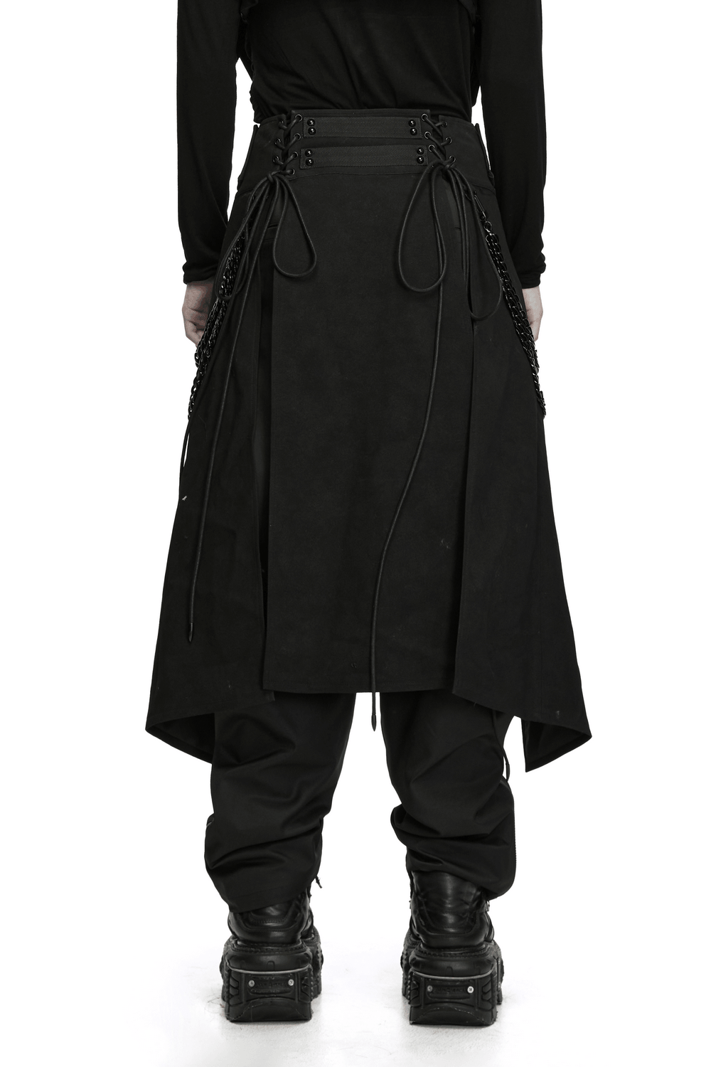 Black Gothic Kilt with Lace-Up Waist and Front Panels, men's black alternative kilt with long layered silhouette