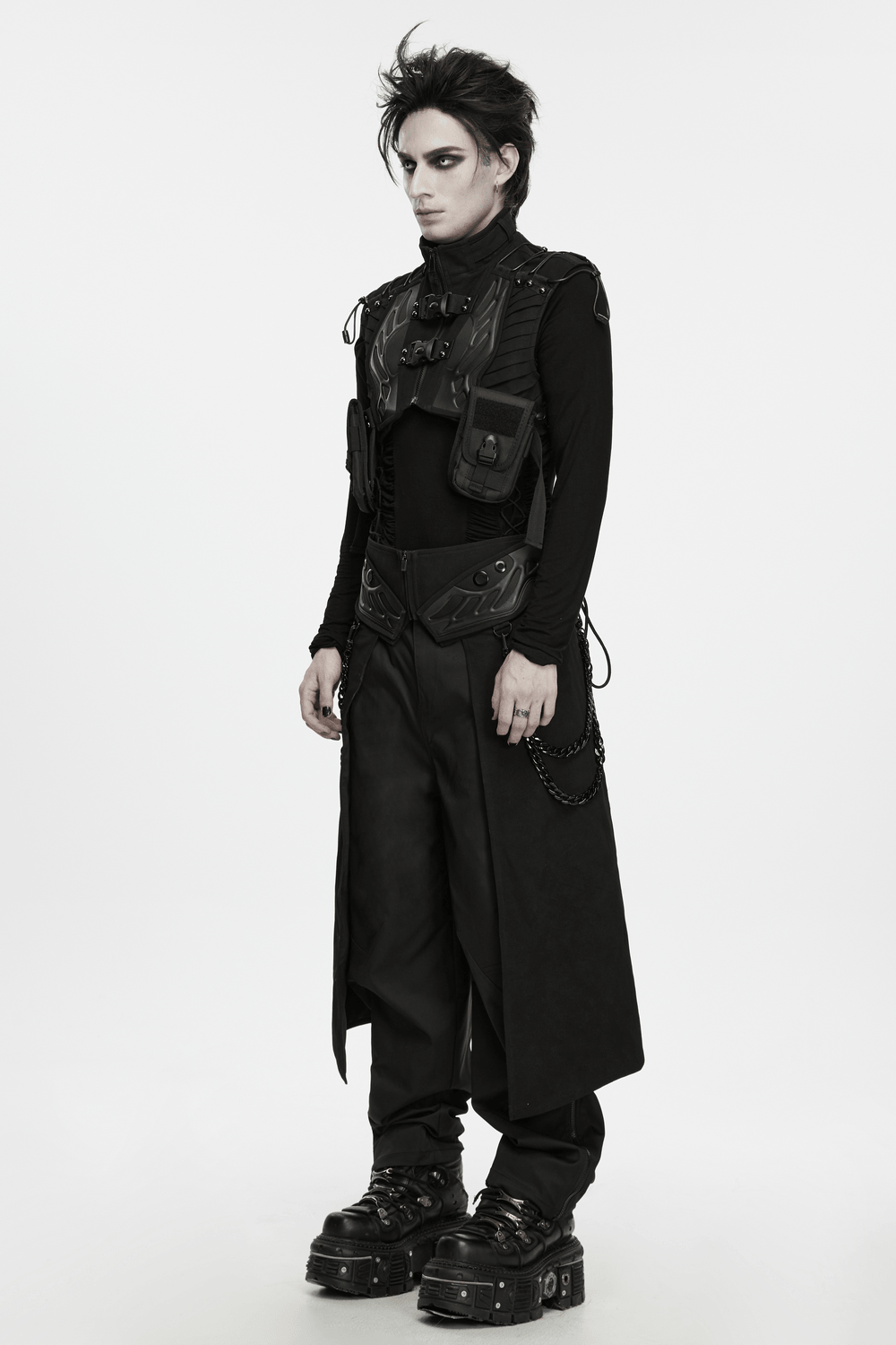 Black Gothic Kilt with Lace-Up Waist and Front Panels, men's black alternative kilt with gothic buckle details