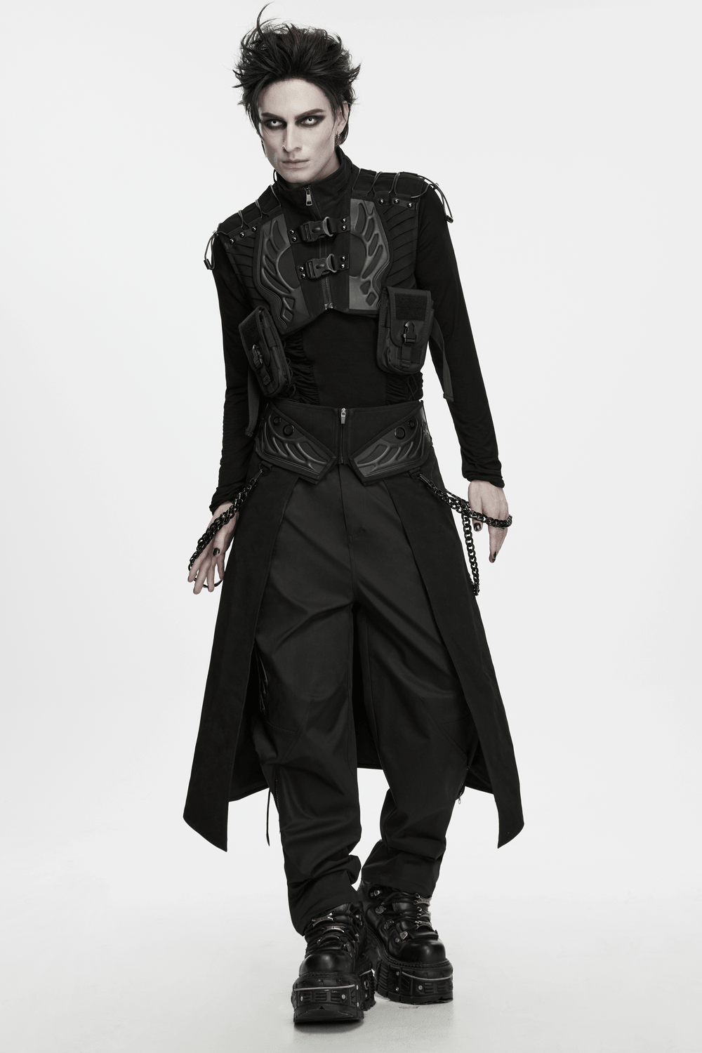 Black Gothic Kilt with Lace-Up Waist and Front Panels, edgy men's black alternative kilt with dramatic panels and chains