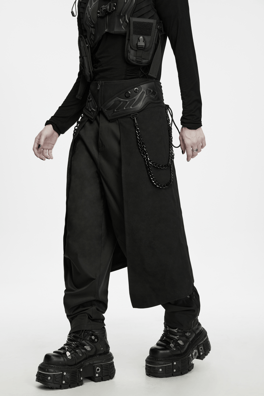Black Gothic Kilt with Lace-Up Waist and Front Panels, black men’s alternative long kilt with chains and buckled waist