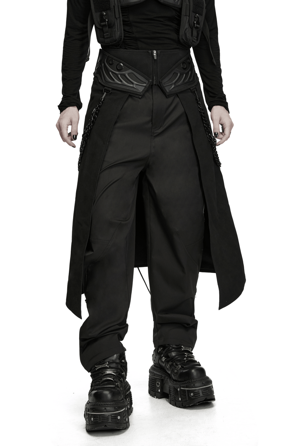 Black Gothic Kilt with Lace-Up Waist and Front Panels, men's black alternative kilt with buckle details and long front panels