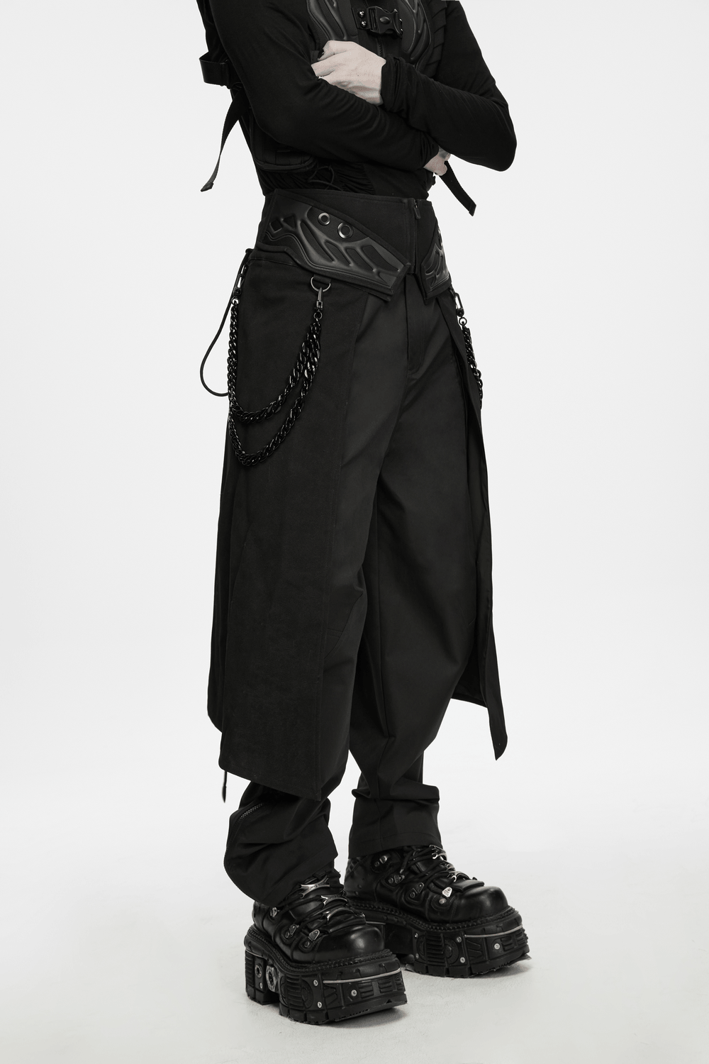 Black Gothic Kilt with Lace-Up Waist and Front Panels men’s black gothic kilt with chain details and platform boots