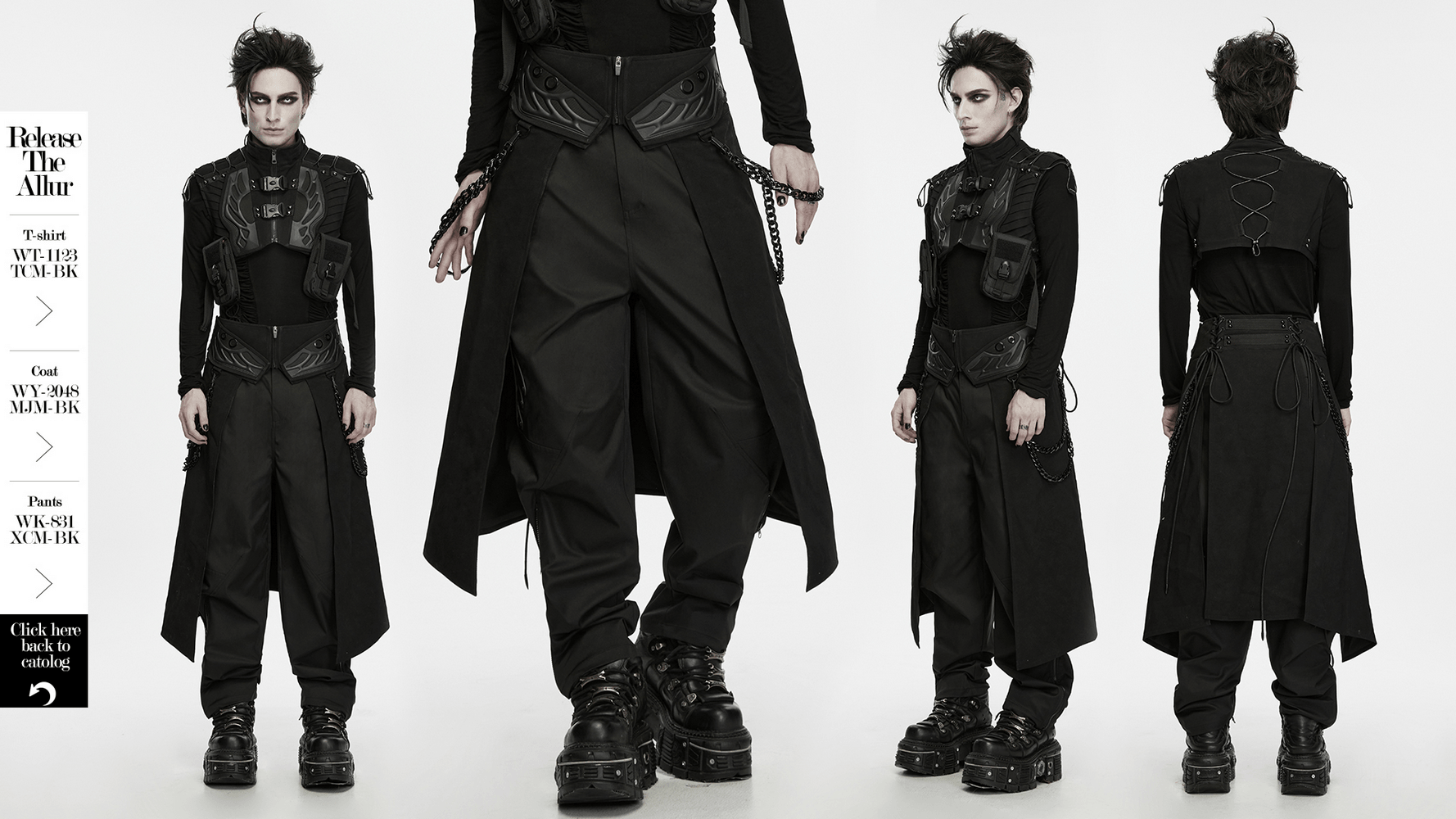 Black Gothic Kilt with Lace-Up Waist and Front Panels, men's alternative long black kilt with dramatic gothic details