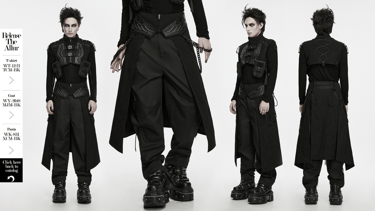 Black Gothic Kilt with Lace-Up Waist and Front Panels, men's alternative long black kilt with dramatic gothic details